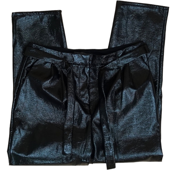 WHO WHAT WEAR Black High Tie Waist Textured Vinyl Straight Trouser Pants - 8 - Picture 4 of 16
